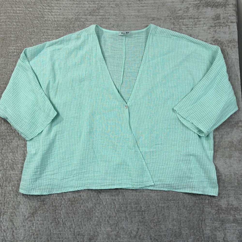 Meo Meli Italy Mint Green Striped Linen Cotton Gauze V-Neck Boxy Top 6600-AL